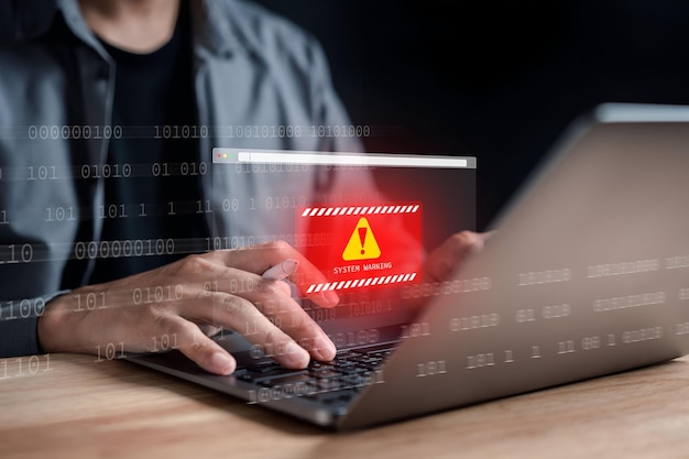 System warning caution sign for notification error and maintenance concept cyber attack on computer network Cybersecurity vulnerability data breach illegal connection compromised information
