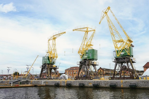 Szczecin Poland August 29 2017 Famous historic old port cranes at Szczecin boulevards