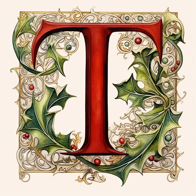 Фото Рождественская тема с листьями и ягодами стиля иллюстрированной рукописи