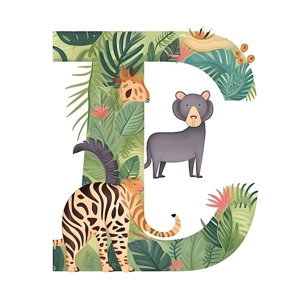 Буква t с милыми животными в джунглях. Персонажи векторной иллюстрации.