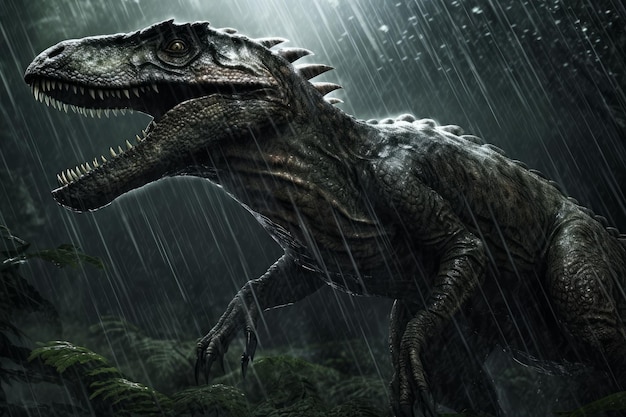 A t rex in the rain with the word jurassic on the front.