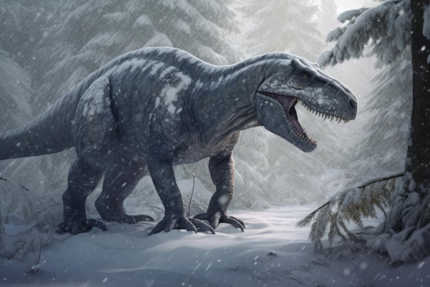 Photo a t rex in the snow with a tree in the background.