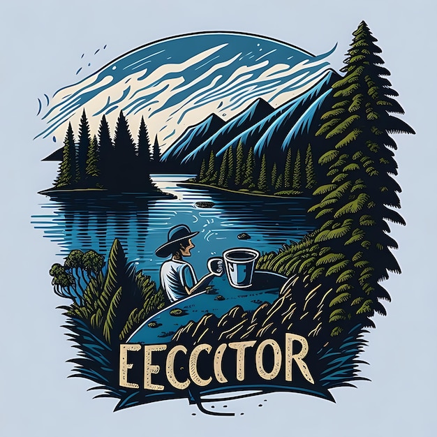 T-shirt Design Coffee by the Lake Vector Image