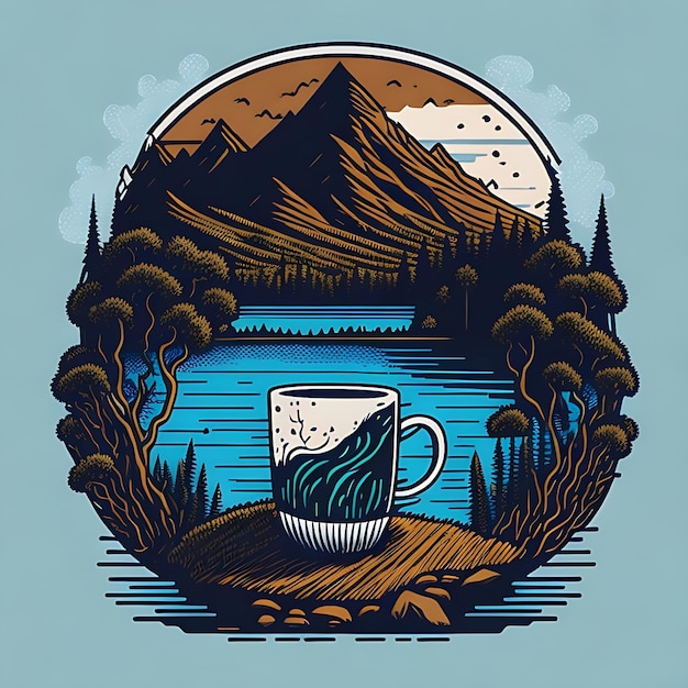 T-shirt Design Coffee by the Lake Vector Image