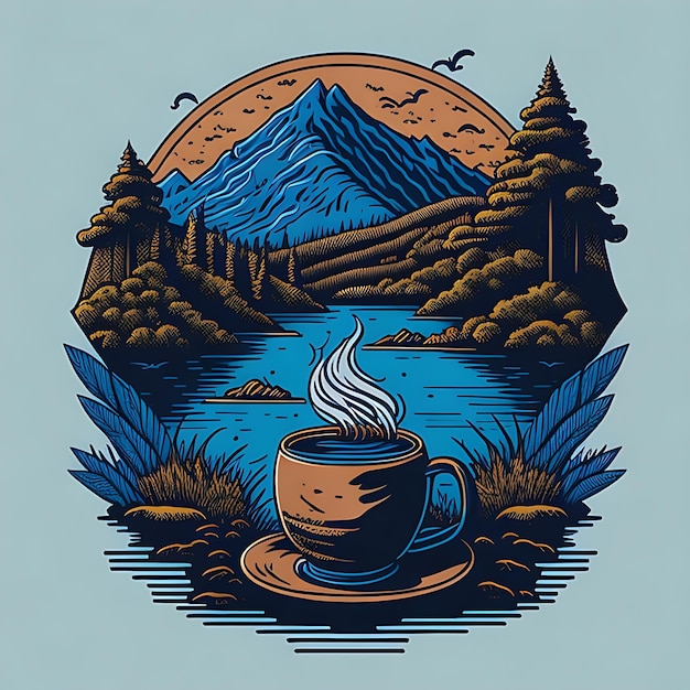 T-shirt Design Coffee by the Lake Vector Image