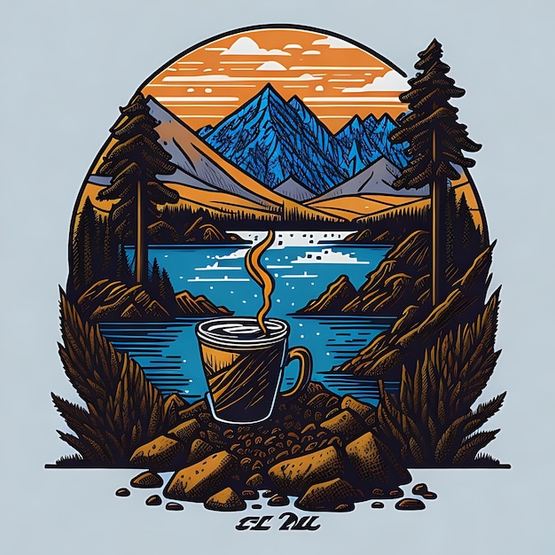 T-shirt Design Coffee by the Lake Vector Image