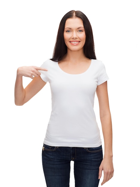 t-shirt design concept - smiling woman in blank white t-shirt