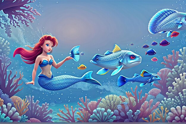 Photo t shirt design cute animal characters the little mermaid in the ocean and fish