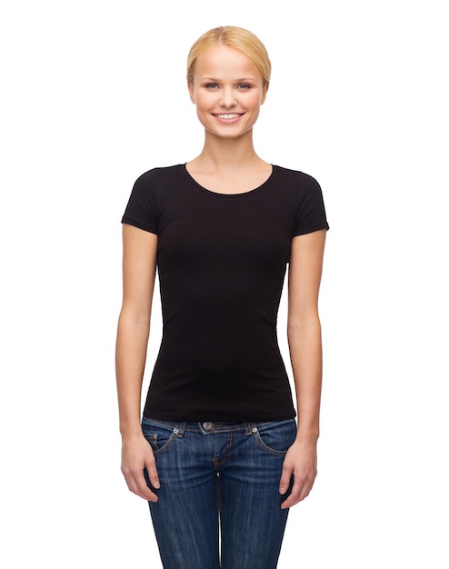 t-shirt design, happy people concept - smiling woman in blank black t-shirt