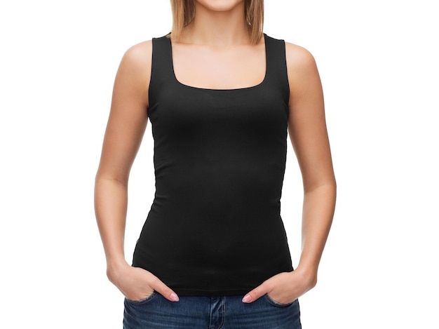 t-shirt design, happy people concept - smiling woman in blank black tank top