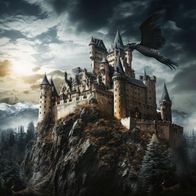 Photo t shirt design a haunted castle that is guarded by a dragon