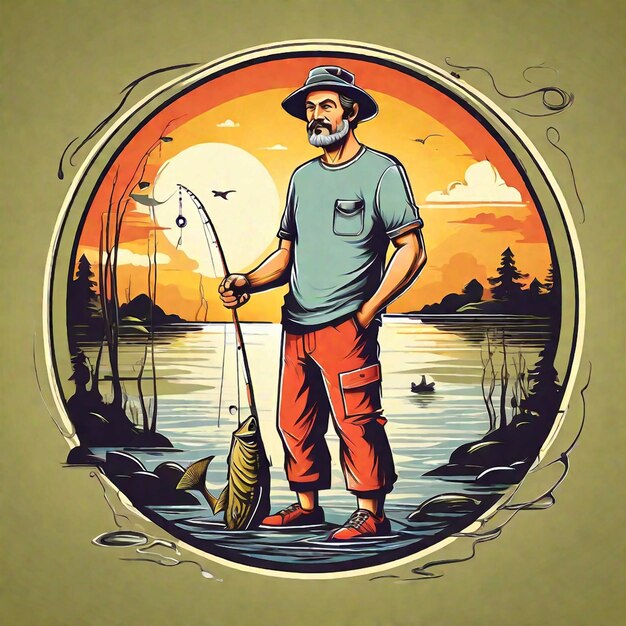 Photo t shirt design a man fishing illustration in retro style