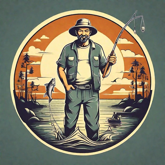 Foto disegno di maglietta un uomo che pesca illustrazione in stile retro