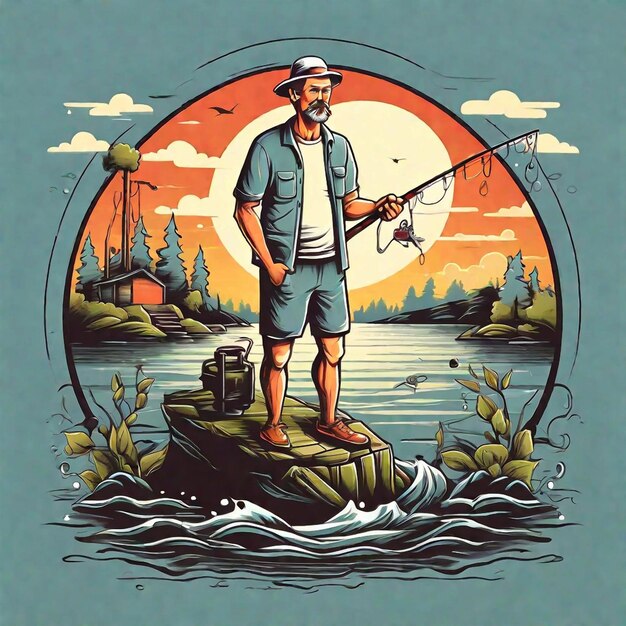 Дизайн футболки с иллюстрацией мужчины, ловящего рыбу в ретро-стиле