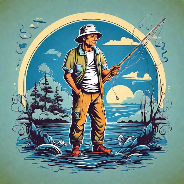 Photo t shirt design a man fishing illustration in retro style