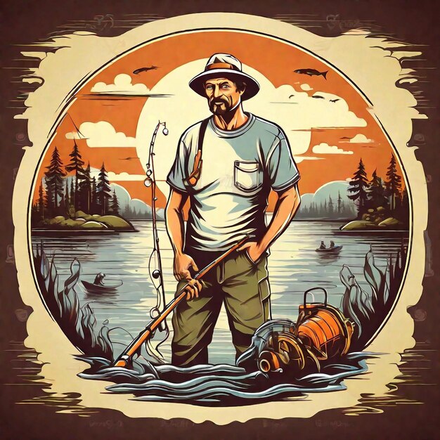 Photo t shirt design a man fishing illustration in retro style