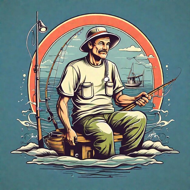 Photo t shirt design a man fishing illustration in retro style