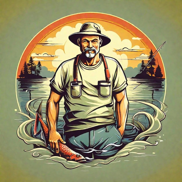 Photo t shirt design a man fishing illustration in retro style