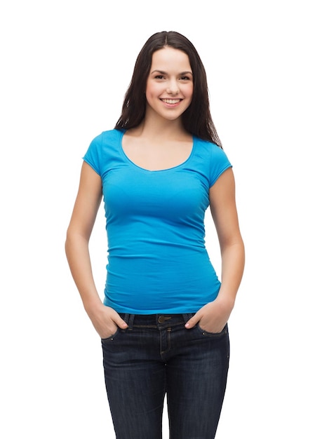 t-shirt design and people concept - smiling girl in blank blue t-shirt