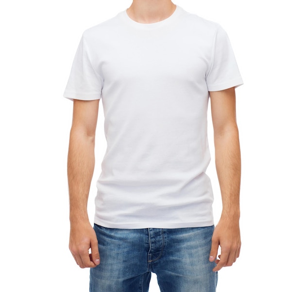 t-shirt design and people concept - smiling young man in blank white t-shirt