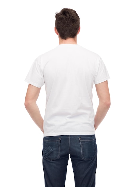 t-shirt design and people concept - young man in blank white t-shirt from back