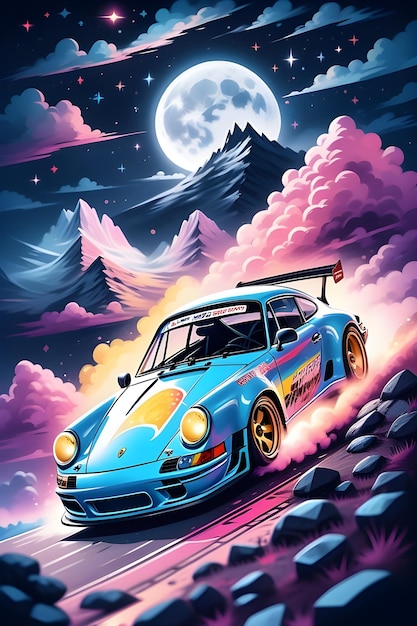 T shirt design of white racing car in the moonlit mountains