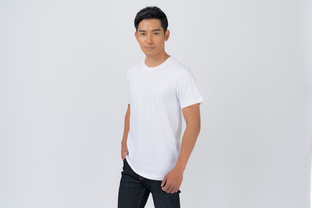 T-shirt design, Young man in White t-shirt isolated on white background