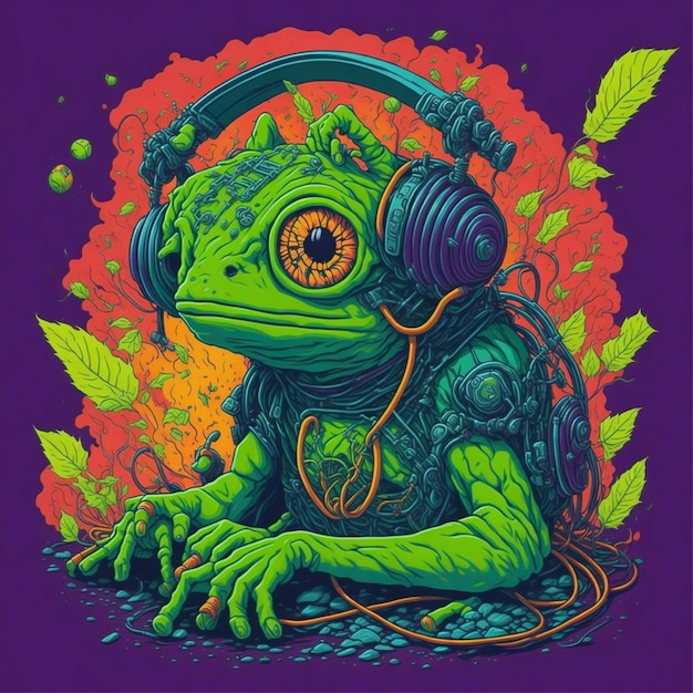 T shirt frog wear headphone with background