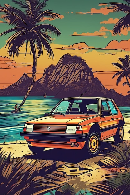 T-shirt illustratie zonsondergang in Coron A Reggae Vintage Peugeot