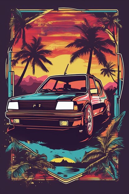 T-shirt illustratie zonsondergang in Coron A Reggae Vintage Peugeot