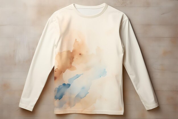 T-shirt met lange mouwen, aquarelkunstwerk, gedempte aardse tinten, schoon blanco wit fotoshoot-T-shirt