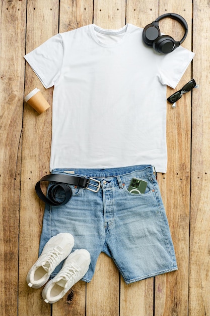 T-shirt met spijkerbroek op een houten achtergrond