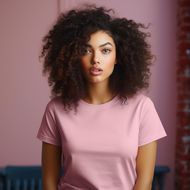 t-shirt mockup van een jonge vrouw die lacht terwijl ze een blanco heide mauve t-shirt draagt