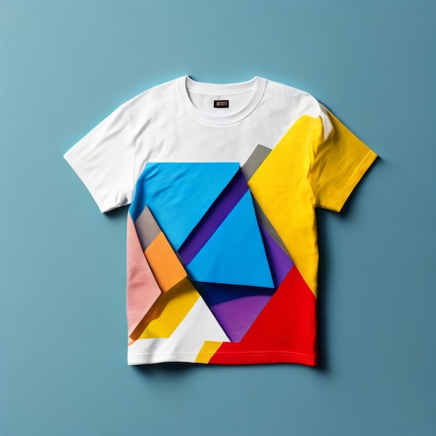 A t - shirt with a colorful design is displayed on a blue background.