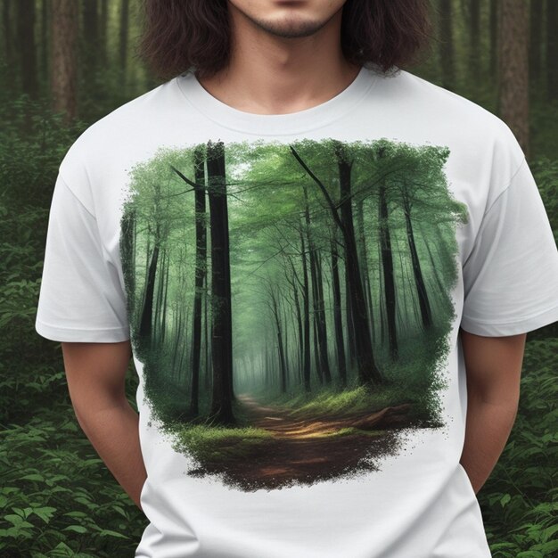 A t shirt with a forest scene on it