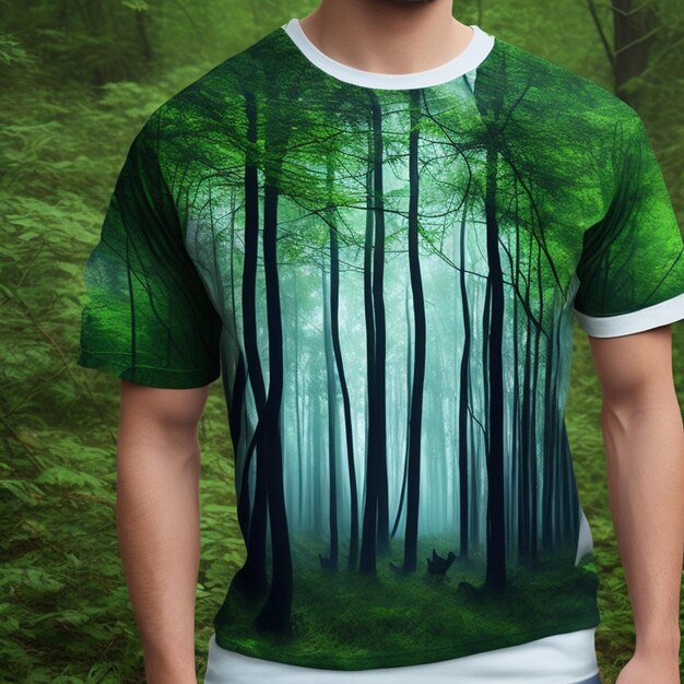 A t shirt with a forest scene on it