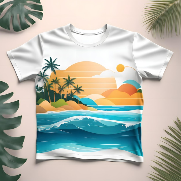 T-shirtmodelontwerp met tropische strandachtergrond