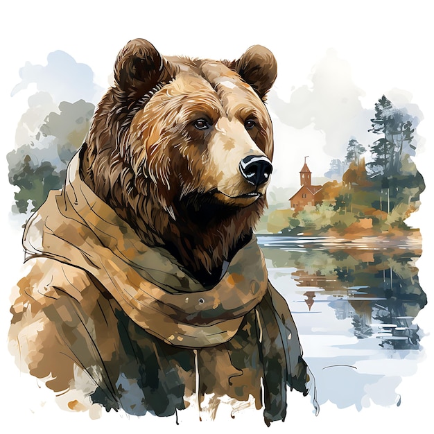 T-shirtontwerp van een beerportret met een traditionele Russische sjaal, visserij Po Art 2D-inktvector