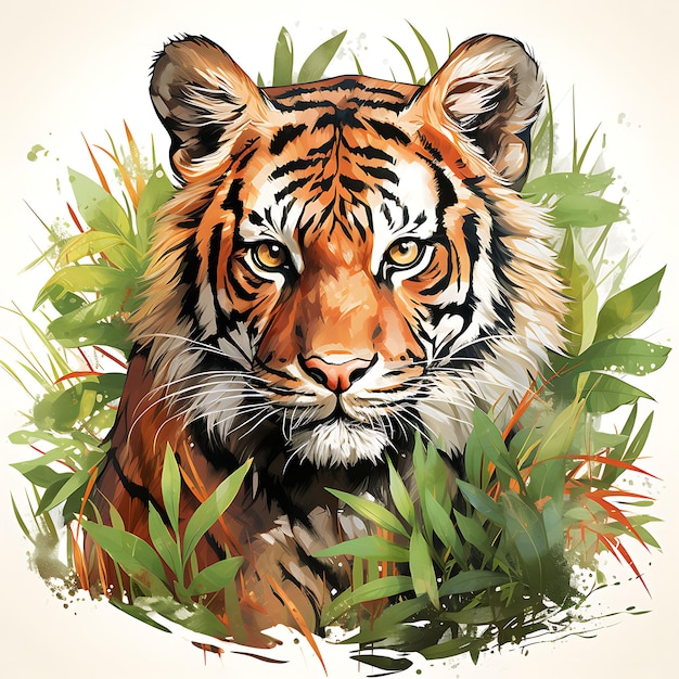 T-shirtontwerp van tijgerportret met een Balinese sarong die door Ta Art 2D-inktvector sluipt
