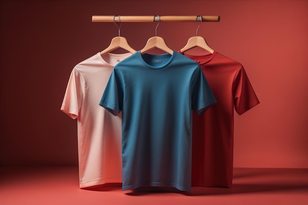 Foto t-shirts op hangers op een rode achtergrond generatieve ai