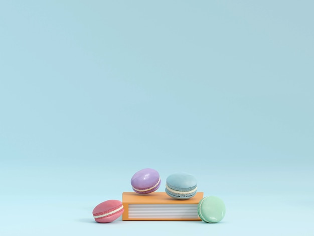 Taart macaron of macaroon op turkooizen achtergrond van bovenaf kleurrijke 3d-rendering