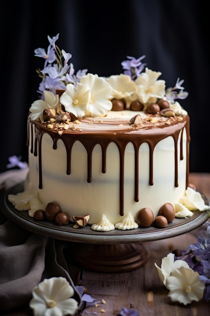 Taart met chocolade en witte bloemen op een bord met doek Generatieve AI