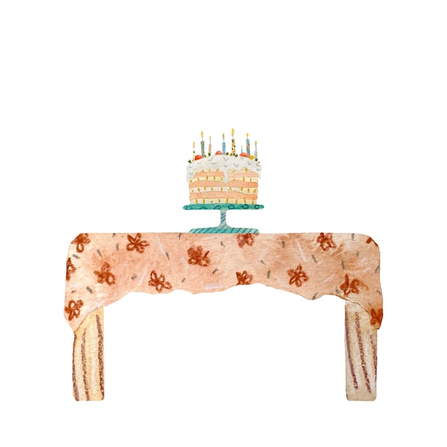Taart tafel kaars getextureerde verjaardagsschets. Een aquarel illustratie. Handgetekende textuur. Geïsoleerd