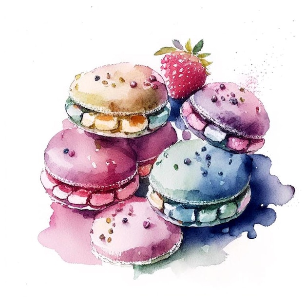 Taarten macaron of macaron stapel op witte achtergrond kleurrijke levendige amandelkoekjes met bessen felle kleuren aquarel stijl