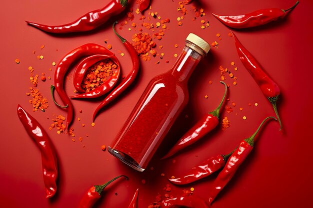 Tabasco hot pepper sauce with red chili pepper flat lay