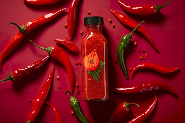 Photo tabasco hot pepper sauce with red chili pepper flat lay