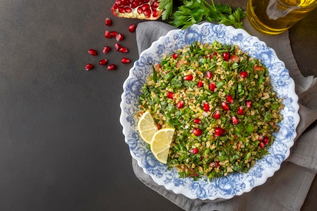 tabbouleh salad is a traditional middle eastern or arab dish vegetarian salad with parsley mint bulgur tomato turkish name tabule salatasi