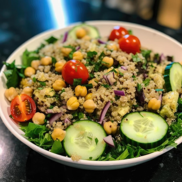 Tabbouleh salad with chickpeas cucumber and tomato