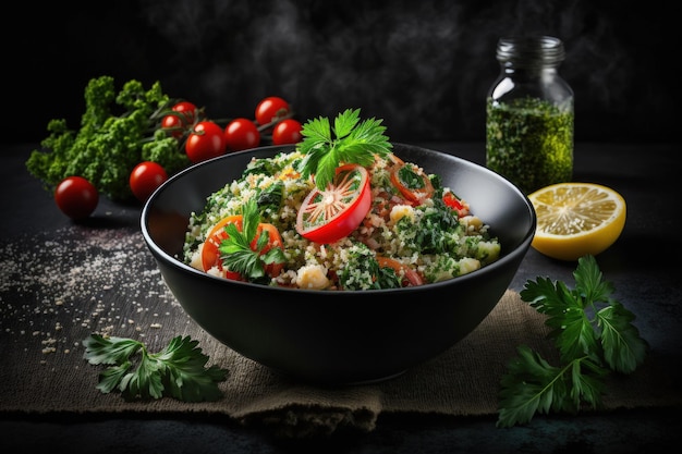 Tabbouleh salade met couscous in een kom op de zwarte tafel Levantijnse vegetarische salade met peterselie munt bulgur tomaat