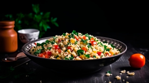 Tabbouleh salade op een zwarte tafel Levantijnse vegetarische salade met couscous in een kom met peterselie munt bulgur tomaat Generatieve AI